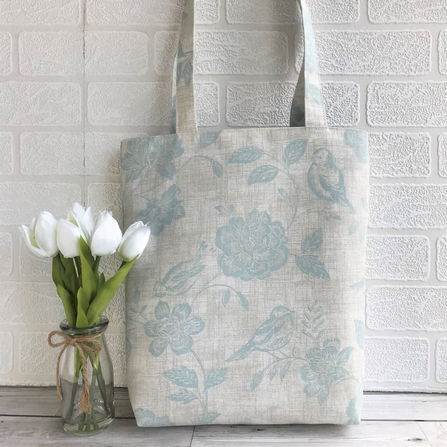 Birds and flowers tote bag in cream and duck-egg blue