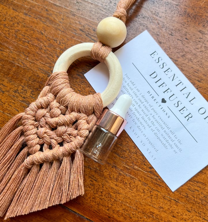 Macrame car diffuser, essential oil air freshener, mirror charm - brick red