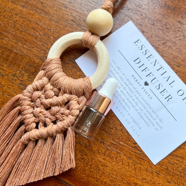 Macrame car diffuser, essential oil air freshener, mirror charm - brick red