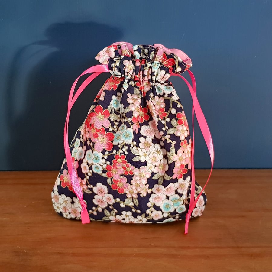 Cherry Blossom Reusable Gift Bag - Mini Floral Drawstring Present Bag