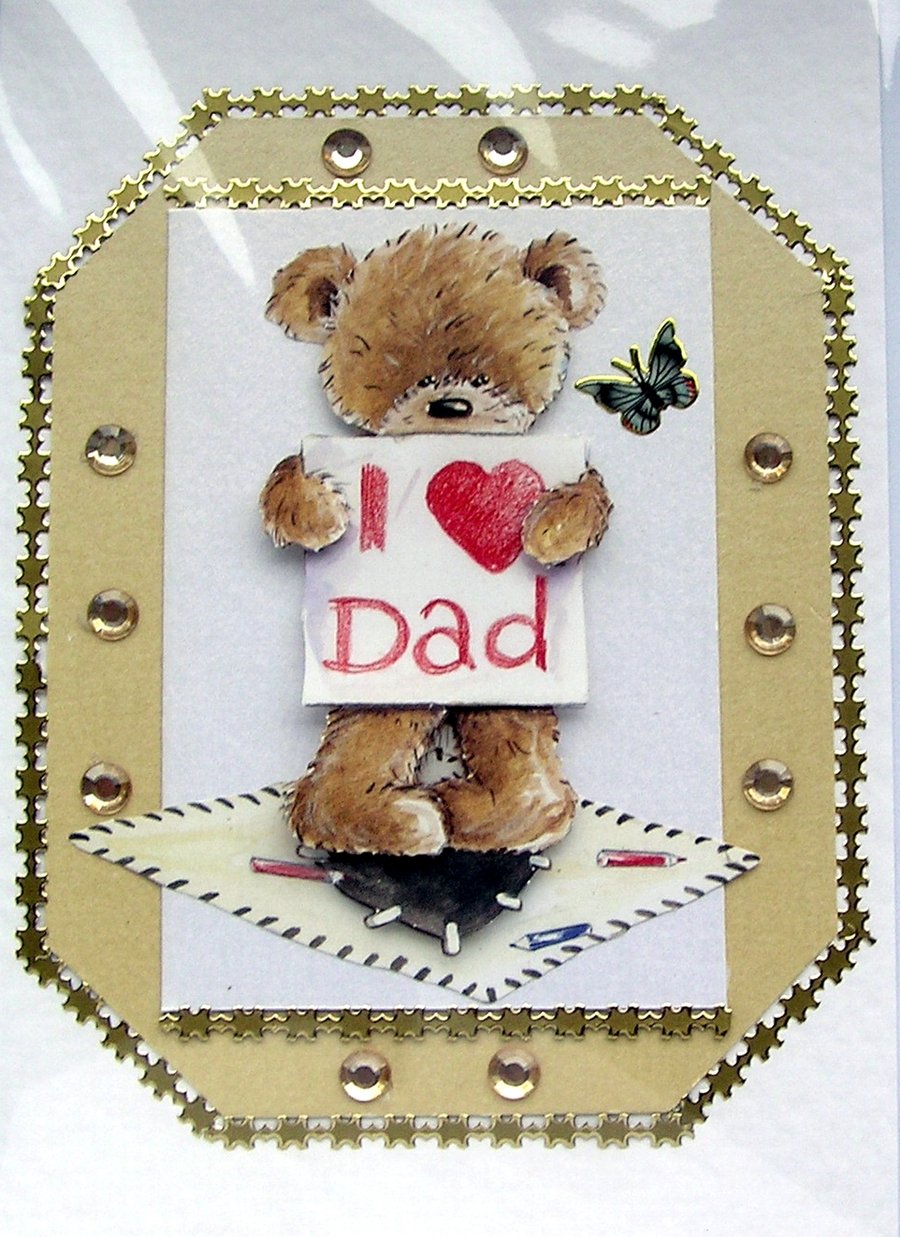 I Heart Dad - Teddy Bear - Hand Crafted 3D Decoupage Card - Blank - 2388