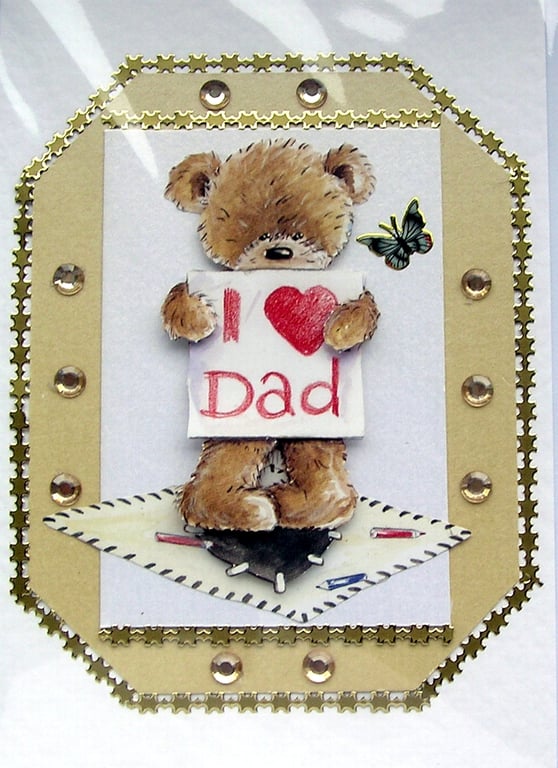 I Heart Dad - Teddy Bear - Hand Crafted 3D Decoupage Card - Blank - 2388