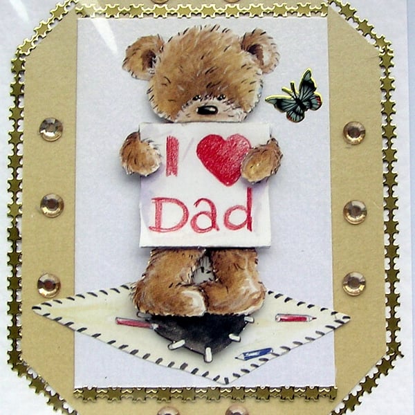 I Heart Dad - Teddy Bear - Hand Crafted 3D Decoupage Card - Blank - 2388