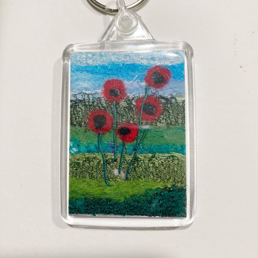 Keyring, needle felted textile art, poppies