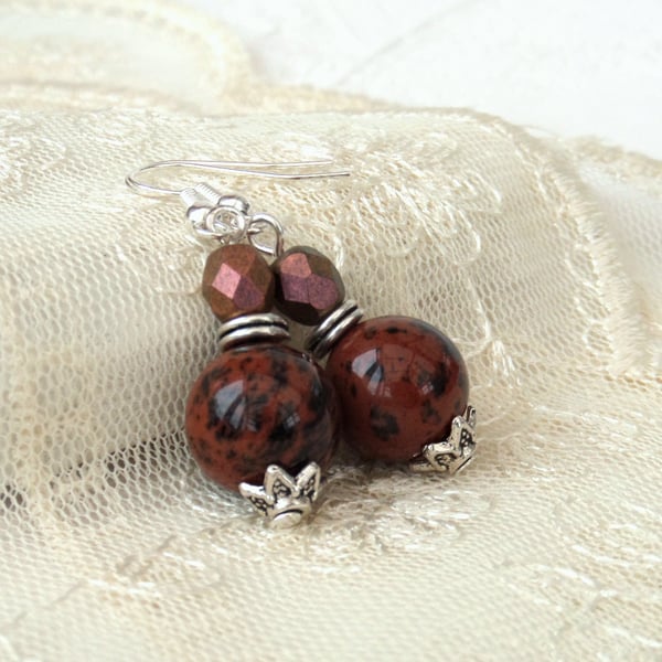 Mahogany obsidian and bronze crystal earrings