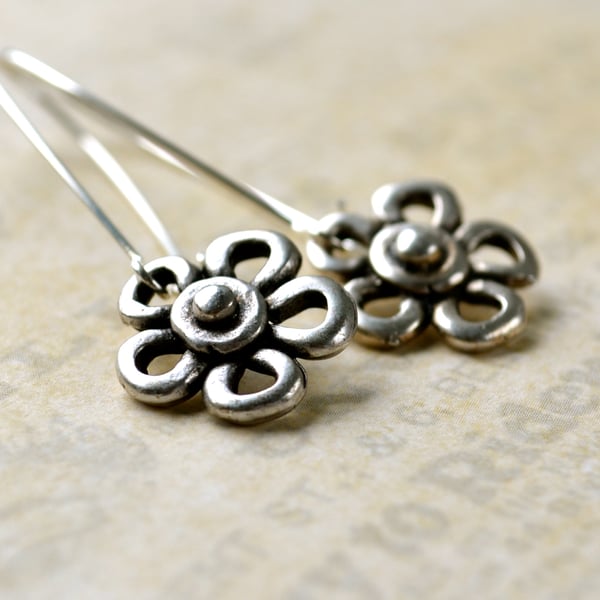 Silver daisy earrings, modern flower dangle earrings, long kidney wires
