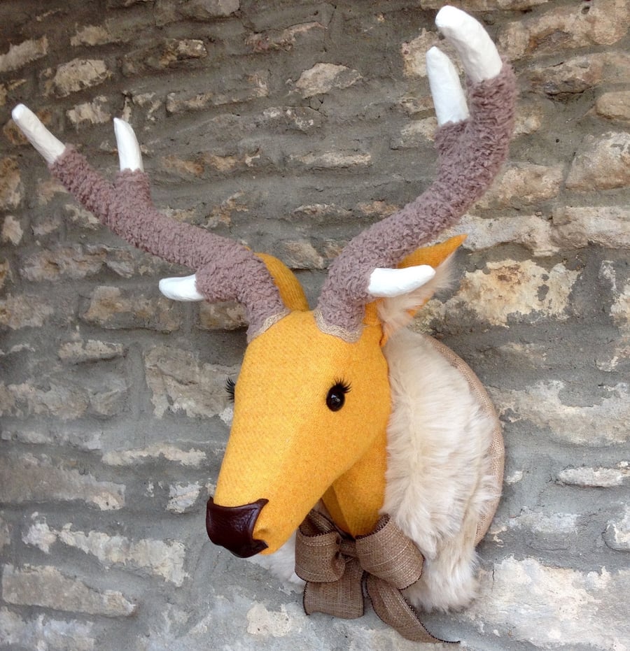 Faux taxidermy Harris tweed yellow mustard stag deer animal head wall mount