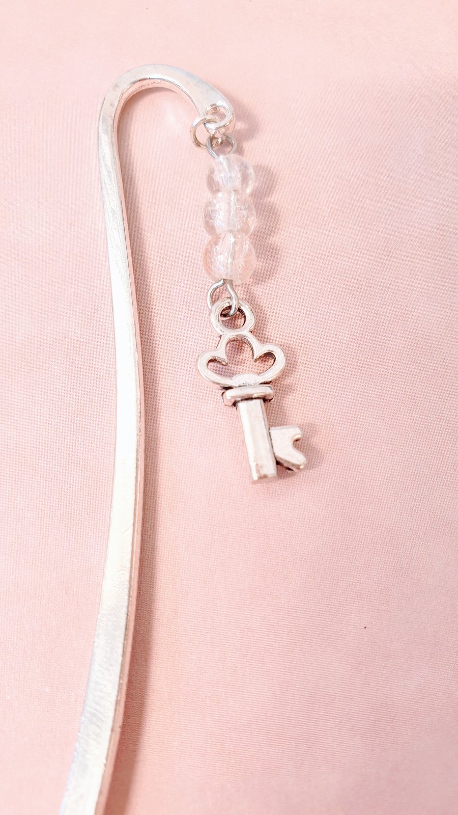 Silver-Plated Bookmark with Clear Glass Beads and Little Key Charm