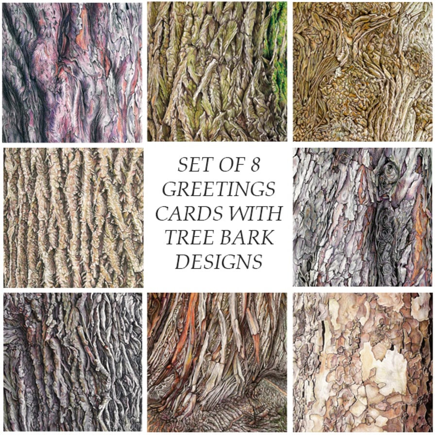 Greetings Cards - Blank - Set of 8 Tree Bark designs