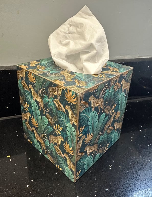 Green and gold leopard tissue box cover