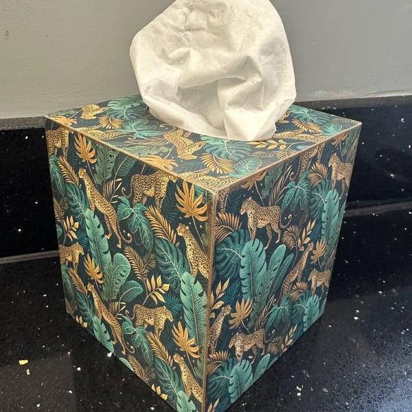 Green and gold leopard tissue box cover