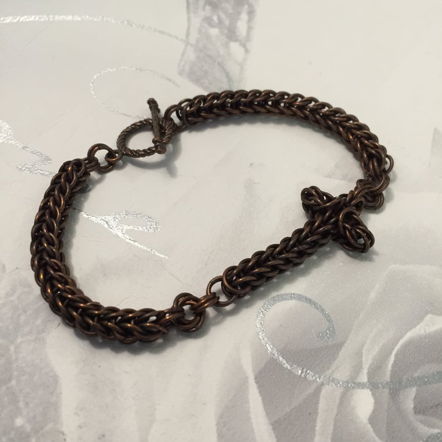 Womens Dark Copper Cross Chainmaille Bracelet, Dainty Bracelet, Meaningful Gift