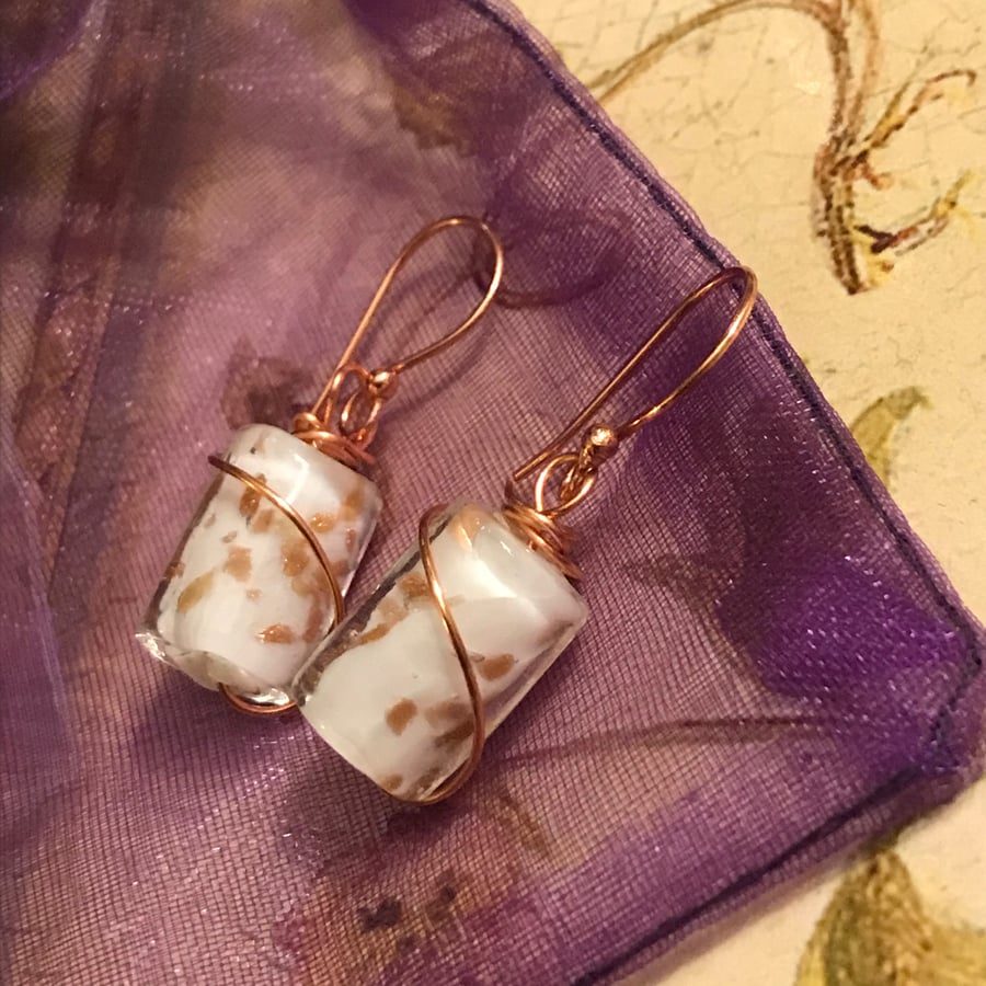 White gold flecked bead earrings with rose gold plated ear hooks