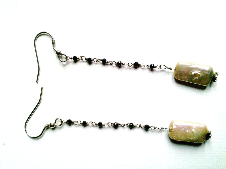 Freshwater Pearl and Black Spinel Chain Sterling Silver Earrings