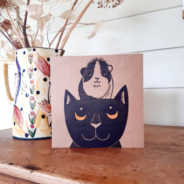 Cat and Guinea Pig Linoprint greeting card, blank animal card