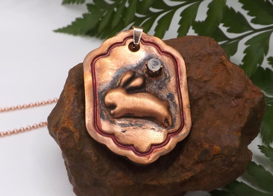 Recycled Copper Leaping Bunny on Frame Pendant Necklace with Rainbow Moonstone.