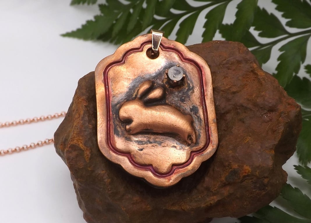 Recycled Copper Leaping Bunny on Frame Pendant Necklace with Rainbow Moonstone.