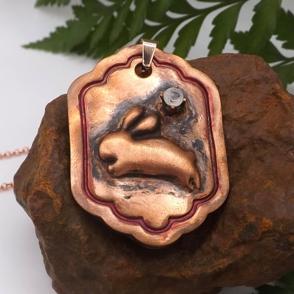 Recycled Copper Leaping Bunny on Frame Pendant Necklace with Rainbow Moonstone.