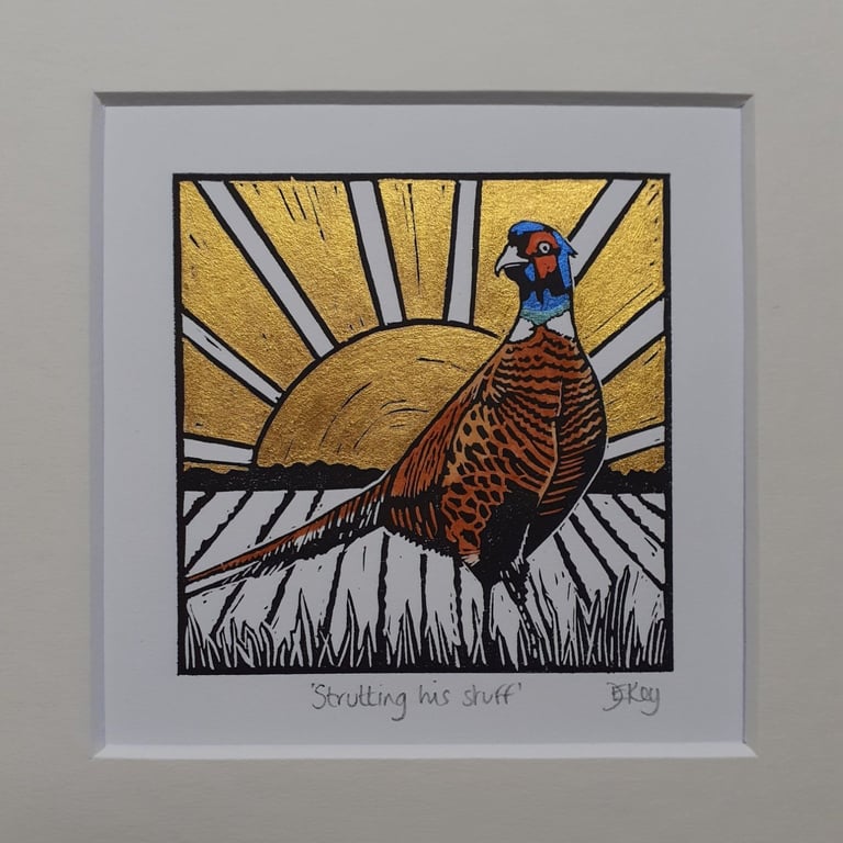 Strutting his stuff - original, hand painted, mounted lino print of a pheasant