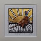 Strutting his stuff - original, hand painted, mounted lino print of a pheasant