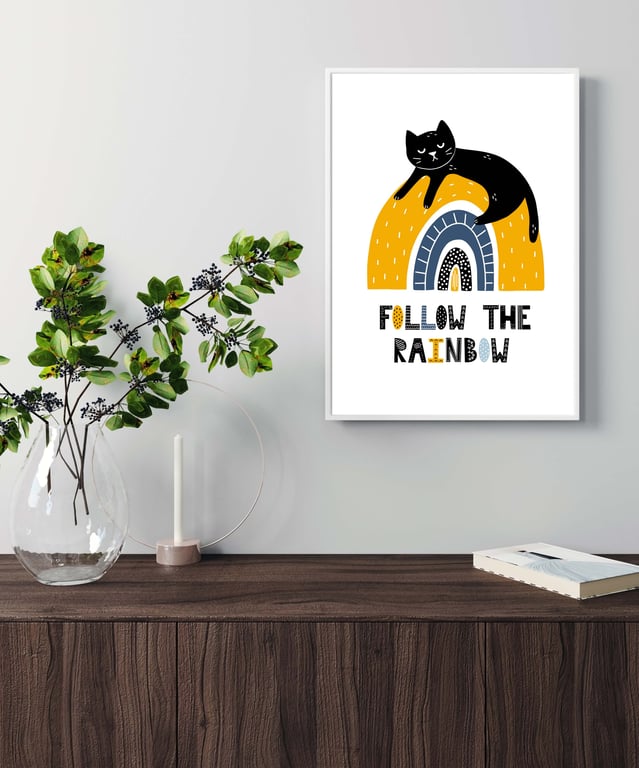 Cat on the rainbow print, gift for cat lovers, scandi art. cat print 1