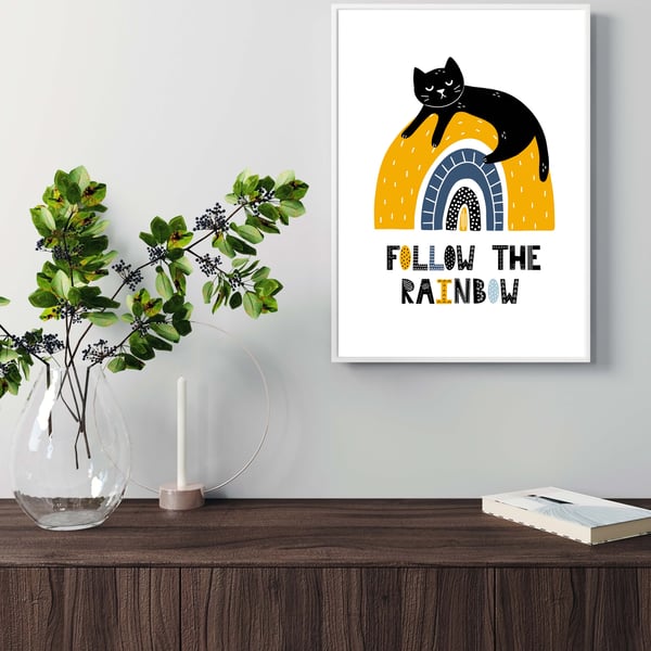 Cat on the rainbow print, gift for cat lovers, scandi art. cat print 1