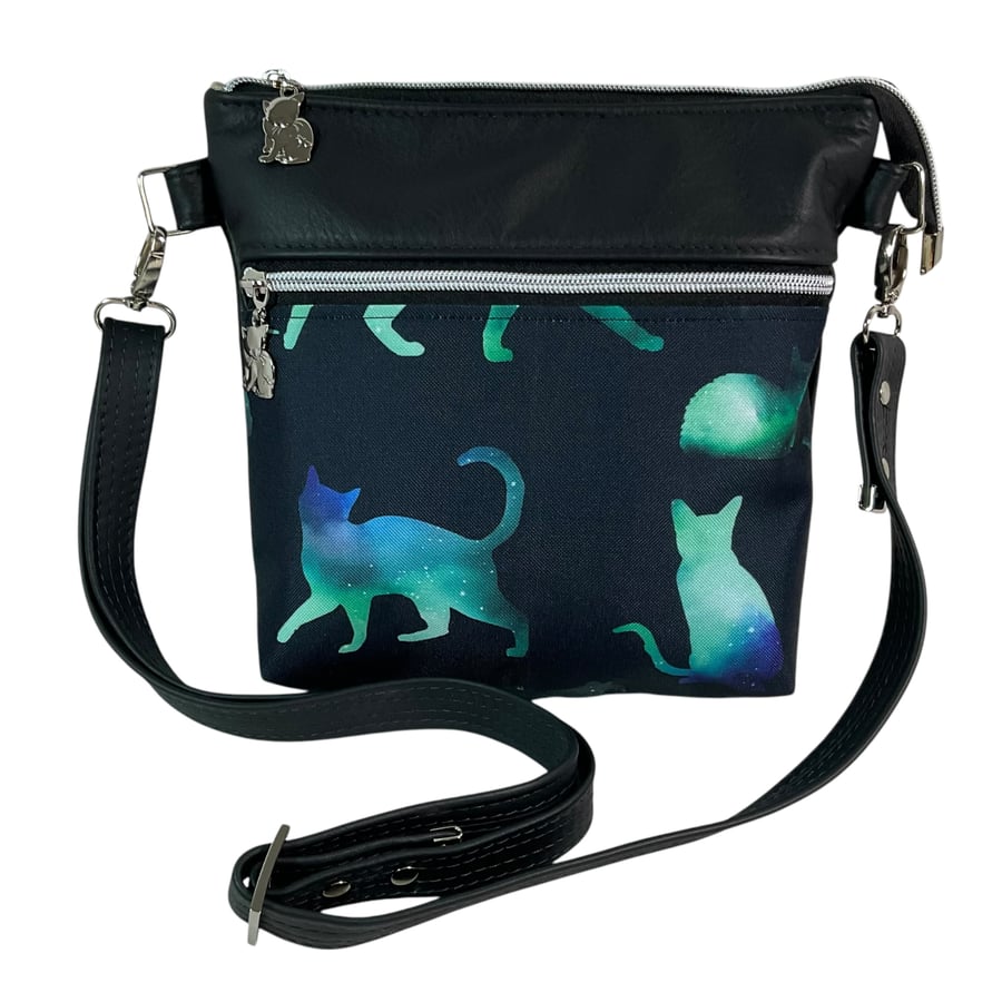 handbag in genuine cows Leather and cat print water resistant canvas, medium 