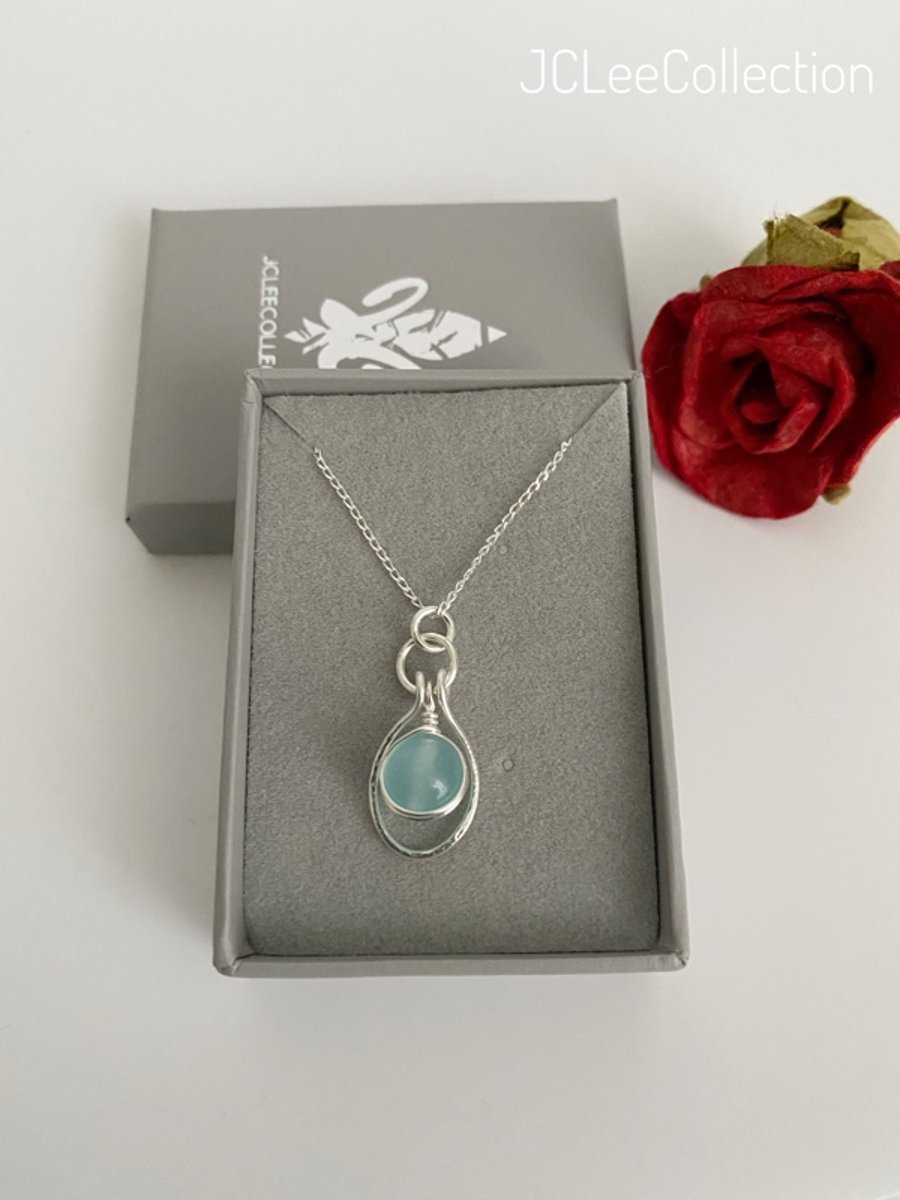 Aquamarine Silver Wire Wrapped Birth Stone Pendant Necklace, March Birthday
