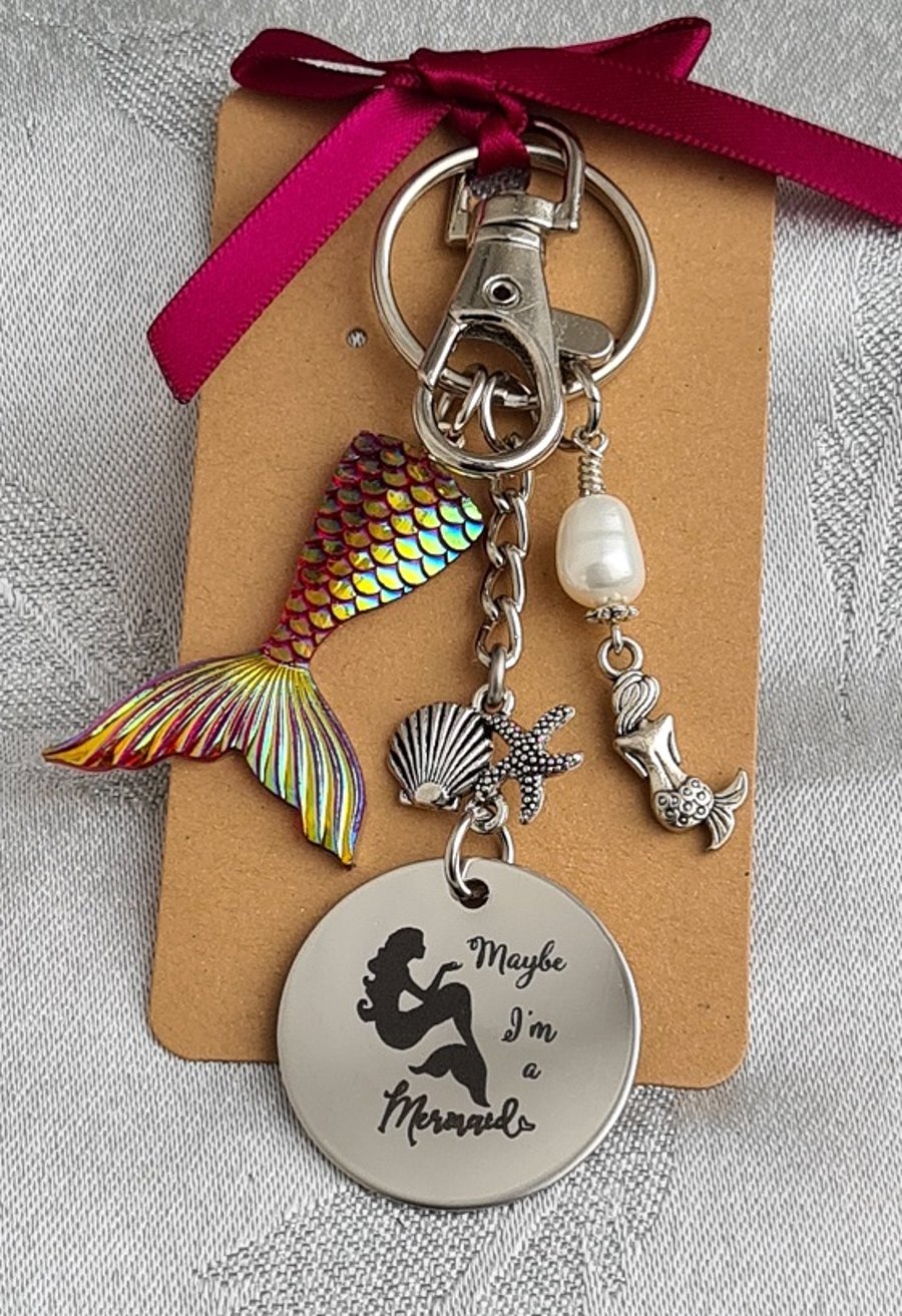 Gorgeous Maybe I'm a Mermaid Key Ring - Red Green Tail -  Bag Charm - Key Chain.