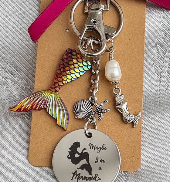 Gorgeous Maybe I'm a Mermaid Key Ring - Red Green Tail -  Bag Charm - Key Chain.