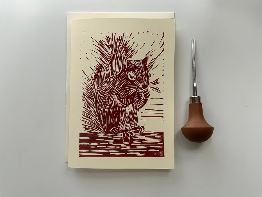 Linocut print Greetings Card - Squirrel - Handprinted - A5 - Blank inside - Orig