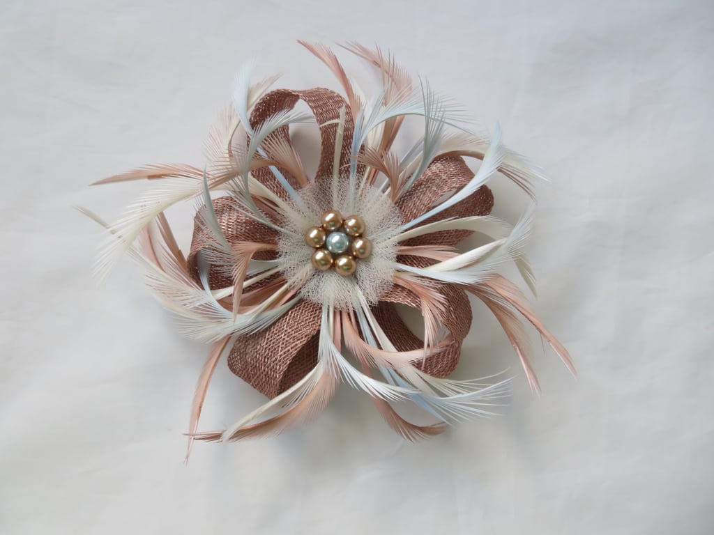 Latte Nude Beige and Cream Ivory Pale Blue Sinamay Loop Neutral Fascinator 
