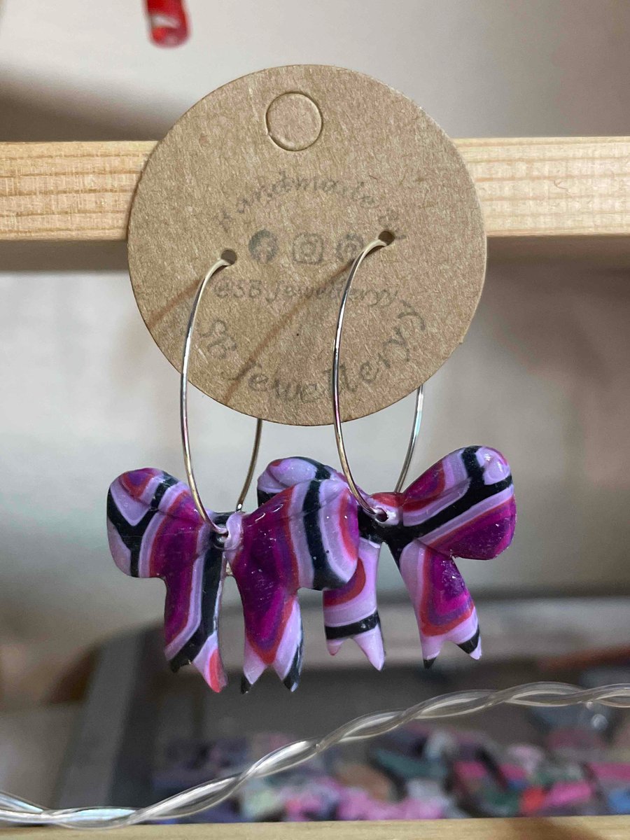 Handmade Polymer Clay Purple Patterned Hoop Earrings (30mm)