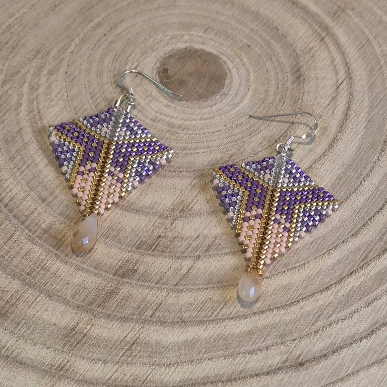 Aztec beaded sterling silver earrings, sparkly, statement jewellery (EAR-0002)