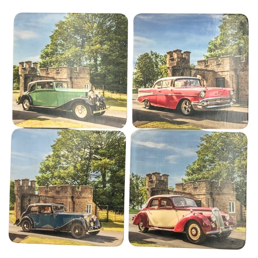 Set of 4 Square Corked Backed Coasters featuring Vintage Cars