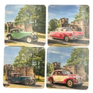 Set of 4 Square Corked Backed Coasters featuring Vintage Cars