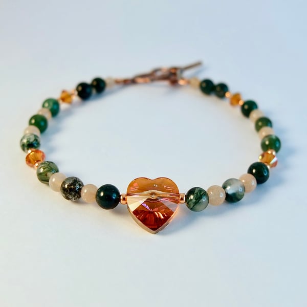 Crystal Heart Bracelet With Sunstone & Moss Agate - Handmade Gift For Her