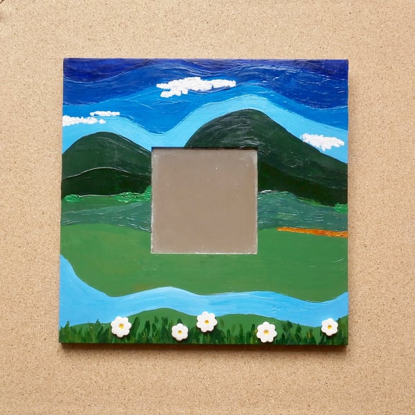 Naive painting hills and daisies mirror, Green acrylic landscape, blue homeDecor