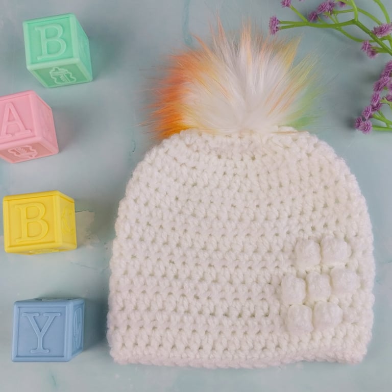 White Crochet Newborn Baby Hat with Rainbow Faux Fur Pom, 0-3 Months