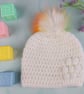 White Crochet Newborn Baby Hat with Rainbow Faux Fur Pom, 0-3 Months - Image 1