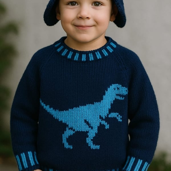 Knitting Pattern Dinosaur Sweater and Hat (Velociraptor). Digital Pattern