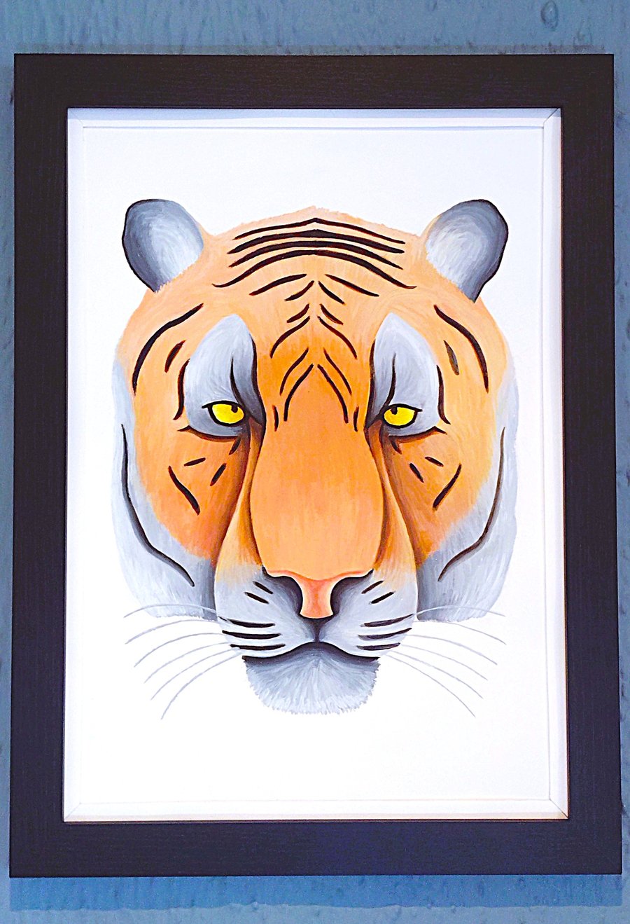 Handmade Unique Framed A3 Print Colourful Tiger Head White Border Wallart Gift
