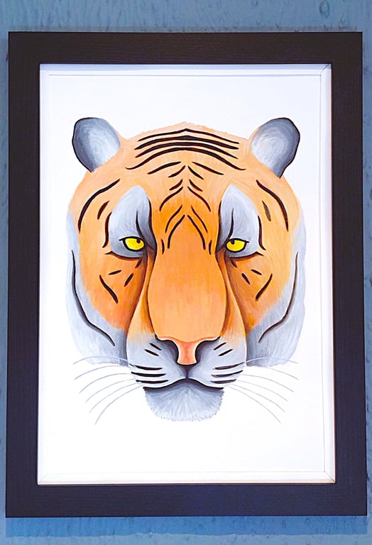 Handmade Unique Framed A3 Print Colourful Tiger Head White Border Wallart Gift