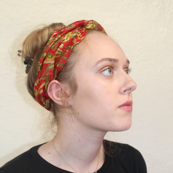 Handmade boho red silk headband, hair accessory,upcycled zero waste, Eco gift