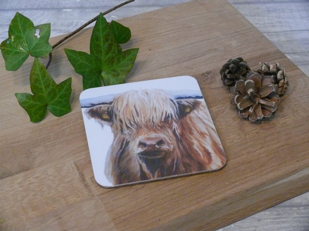 'Morag' The Highland cow, cork backed coaster