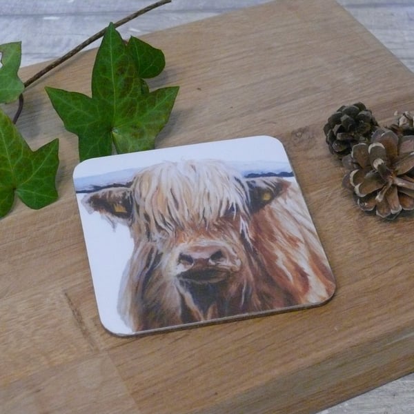 'Morag' The Highland cow, cork backed coaster