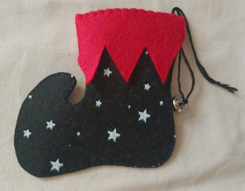 Handmade Elf Boot Christmas Hanging Black and Red