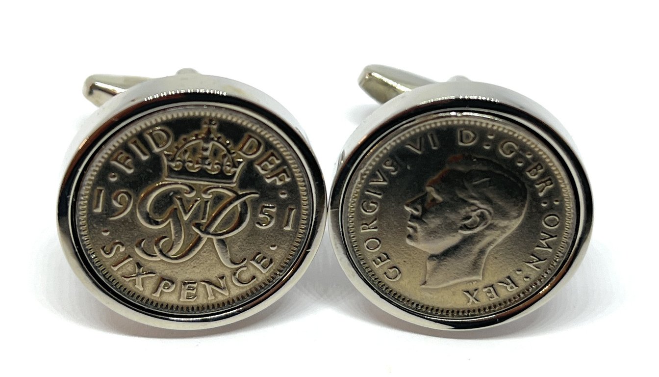 1951 Sixpence Cufflinks 74th birthday. Original sixpence coins Great gift HT