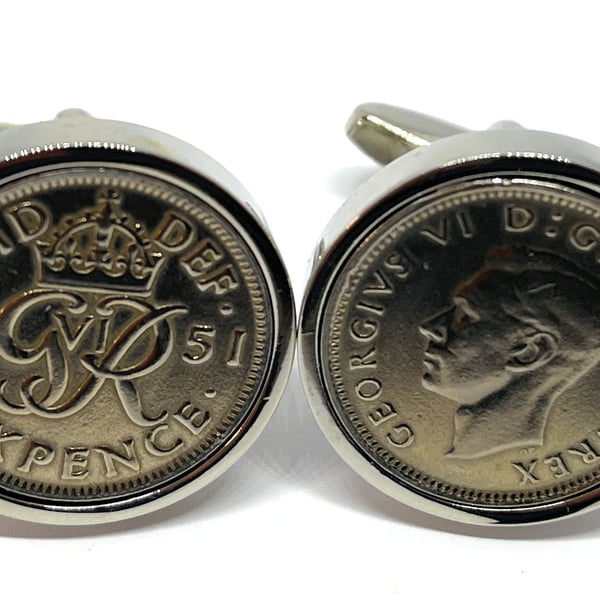 1951 Sixpence Cufflinks 73rd birthday. Original sixpence coins Great gift HT