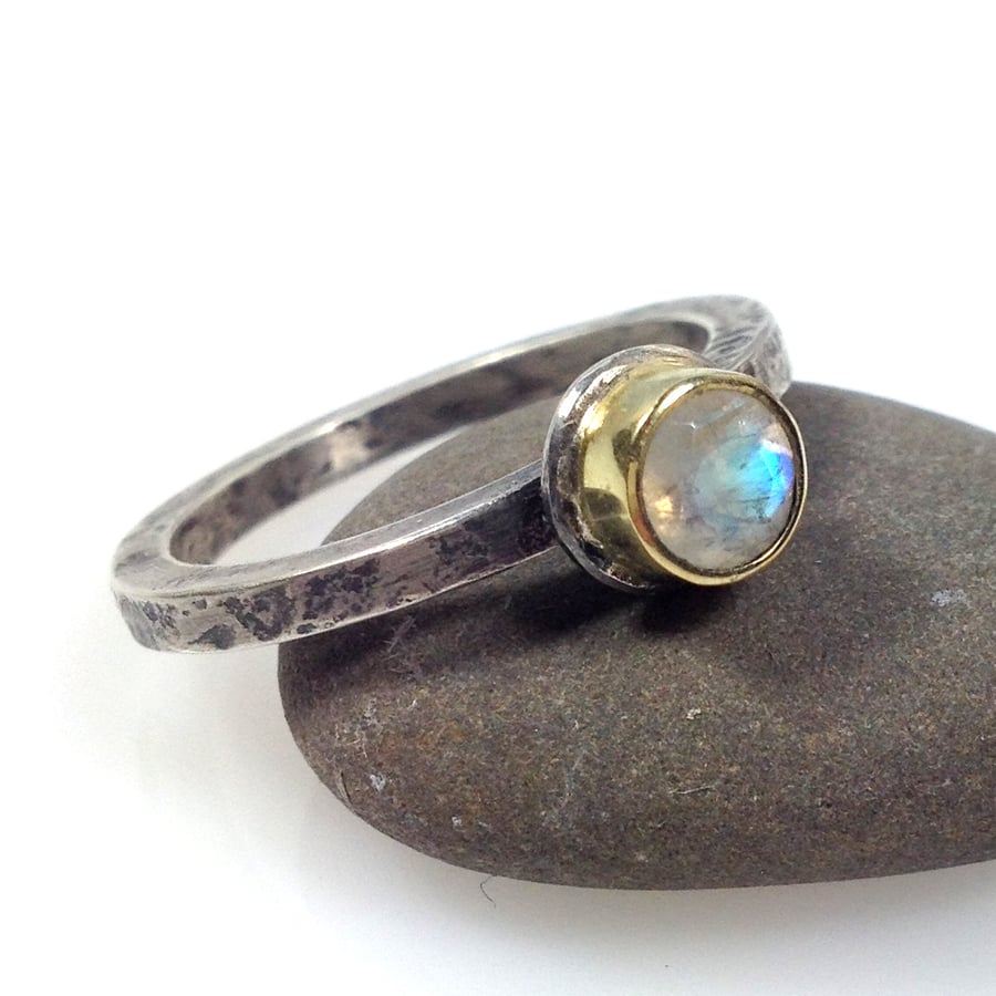 silver 18ct gold and faceted rainbow moonstone Relic ring